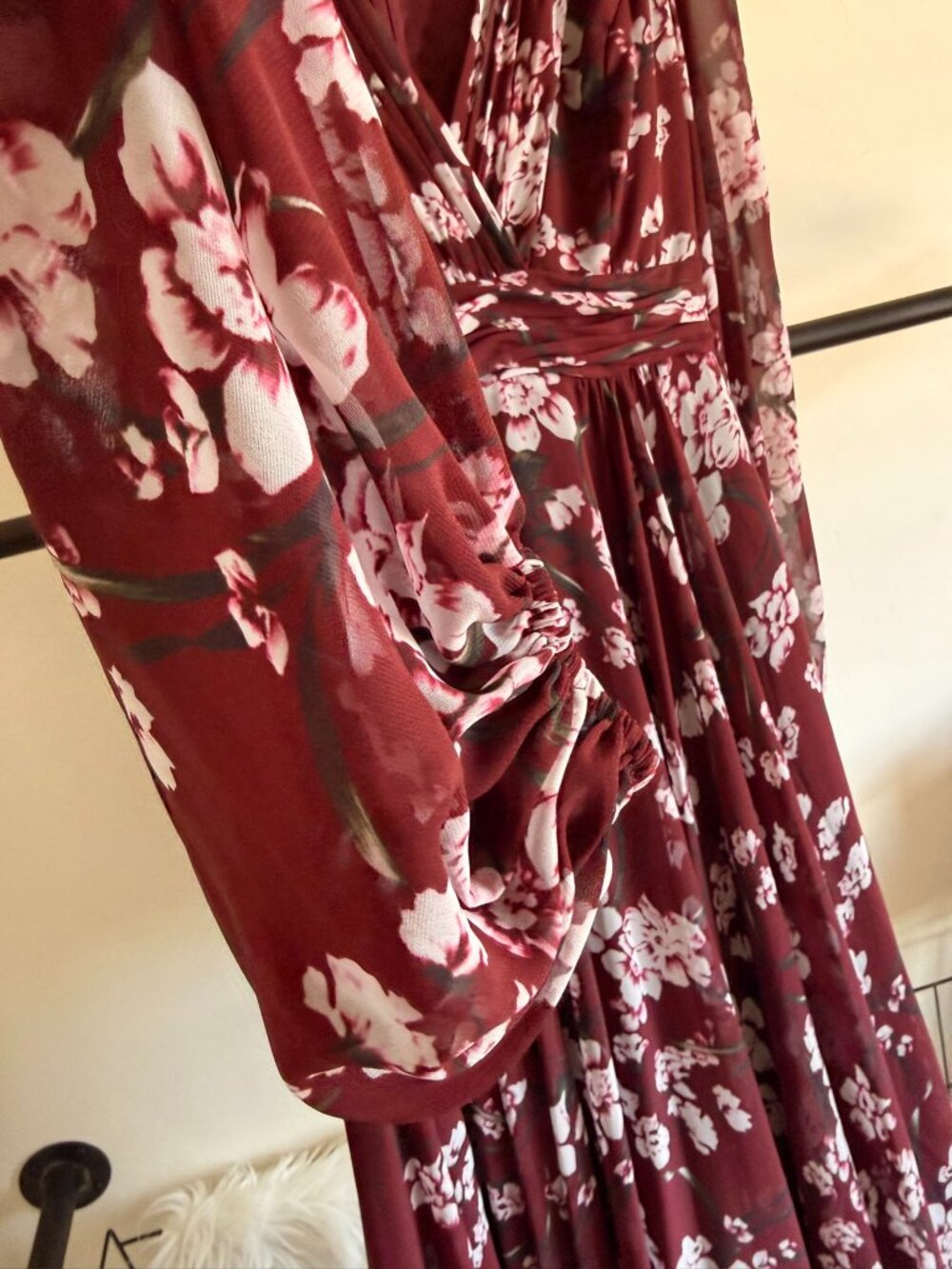 Mac Duggal Burgandy Floral Long Sleeve Chiffon Gown 4 - Picture 7 of 11